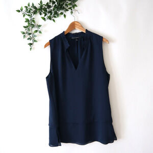 White House Black Market Sleeveless Navy Blue Lined Ruffle Trim Top Size Large